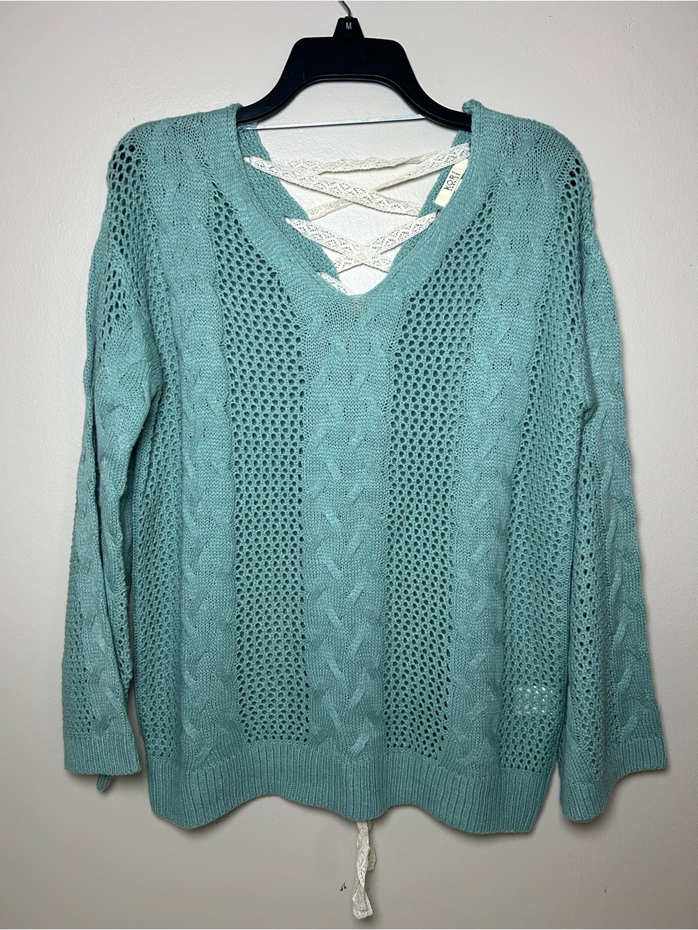 Kori America Teal Boho Open-Knit Sweater with Lace-Up Front & Back, Size S/M